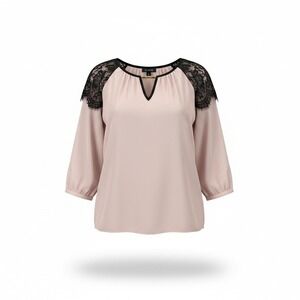 A. Byer Womens M Pink Blush V Neck Blouse Black Lace Shoulders Gold Bar 3/4